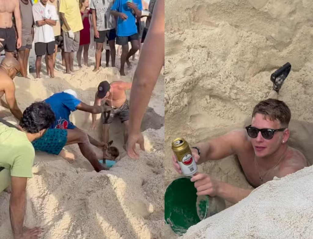 Turista Americano Fica Preso Em Buraco Cavado Na Areia Em Copacabana (foto Reprodução Redes Sociais)