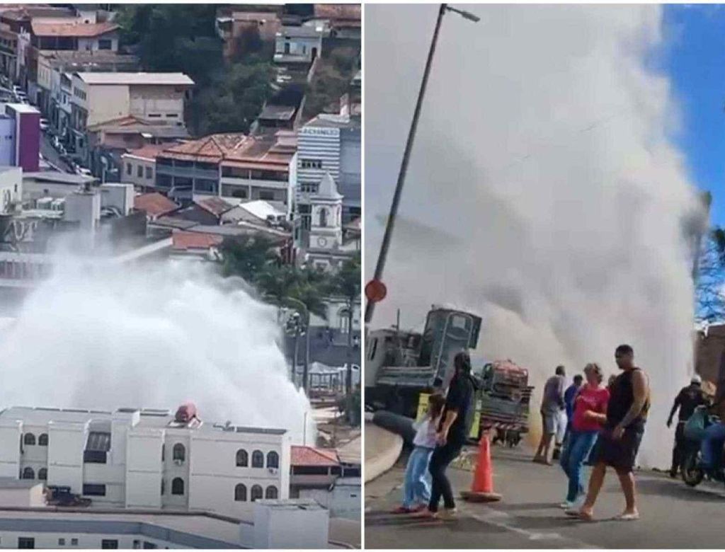 Adutora se rompe, lança jato de água e danifica imóveis; Veja vídeo!