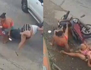 VÍDEO: mulheres e criança são arremessadas ao chão após carro bater em moto