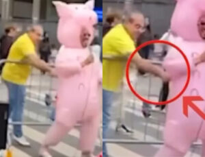 Porquinho da Paulista leva garfada de Bolsonarista (Foto: Reprodução)