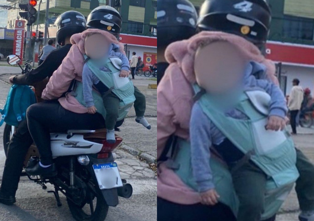 Casal leva bebê como 'mochila' em garupa de moto (Foto: Reprodução)
