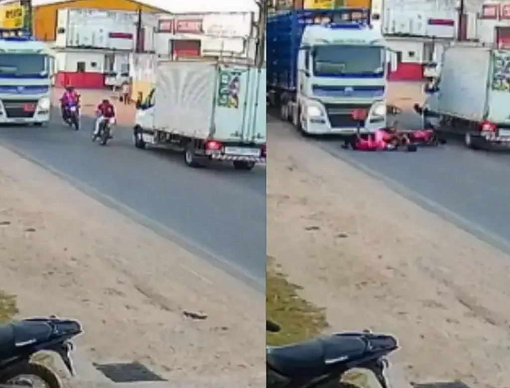 Motociclistas batem de frente e escapam por pouco de caminhão; veja vídeo