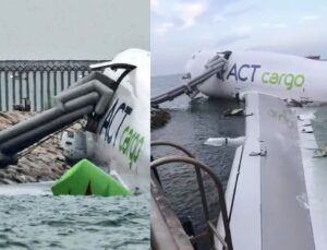 Avião de carga derrapa na pista e cai no mar ao pousar em Hong Kong; veja VÍDEO