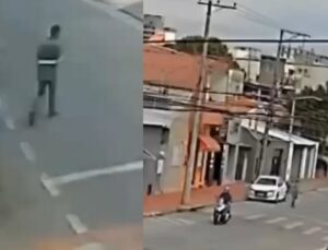 Pedestre escapa por pouco após carro capotar no meio da pista; veja VÍDEO