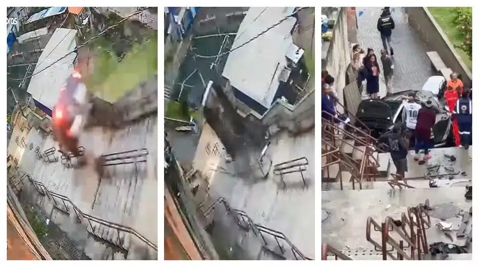 Motorista perde controle de veículo e carro despenca de escadaria em SP; VEJA VÍDEO!