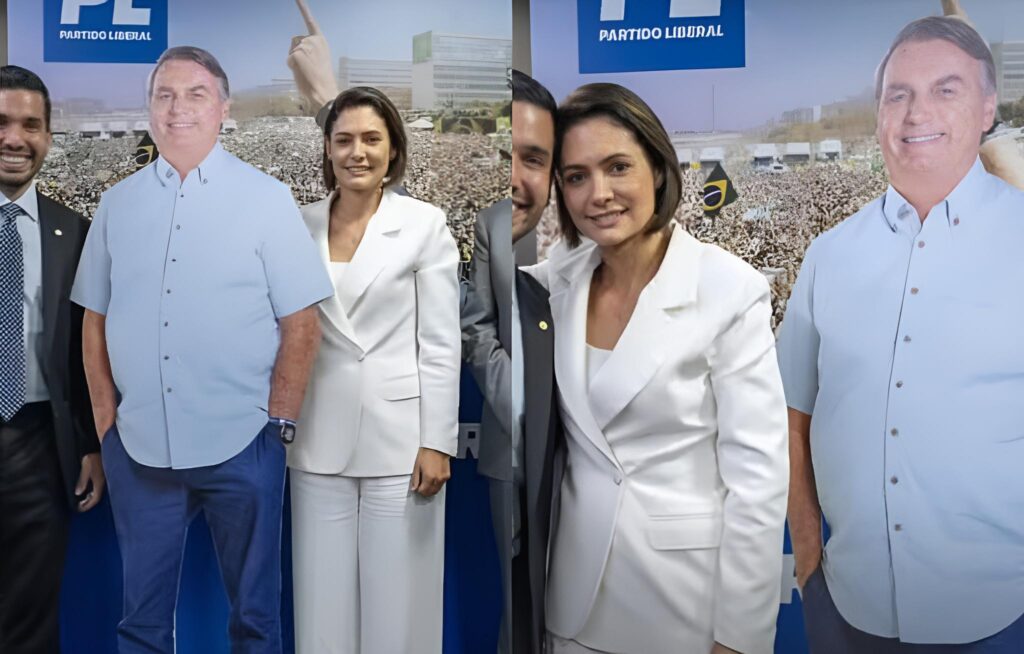 Michelle surge com boneco de Jair Bolsonaro em foto após reunião do PL