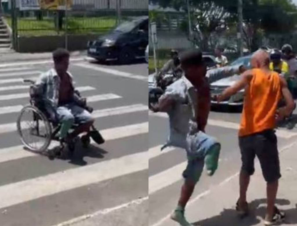 Cadeirante com uma só perna nocauteia homem no meio da rua durante discussão; veja vídeo