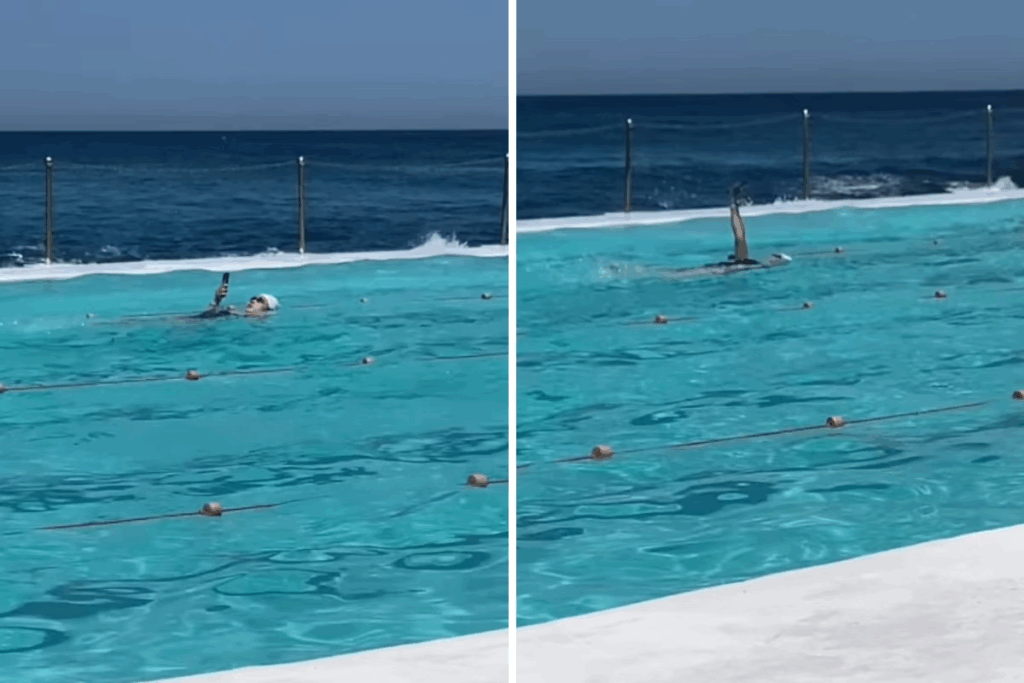Vídeo de mulher nadando enquanto mexe no celular viraliza nas redes