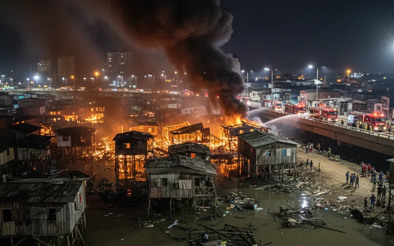 Incêndio de grandes proporções atinge a maior favela sobre palafitas do Brasil; veja vídeo