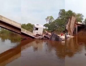 Ponte desaba durante travessia e caminhão cai dentro de rio; veja VÍDEO