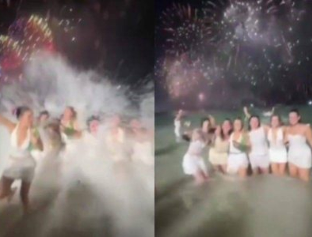 Onda surpresa interrompe foto de Réveillon e vídeo viraliza; assista