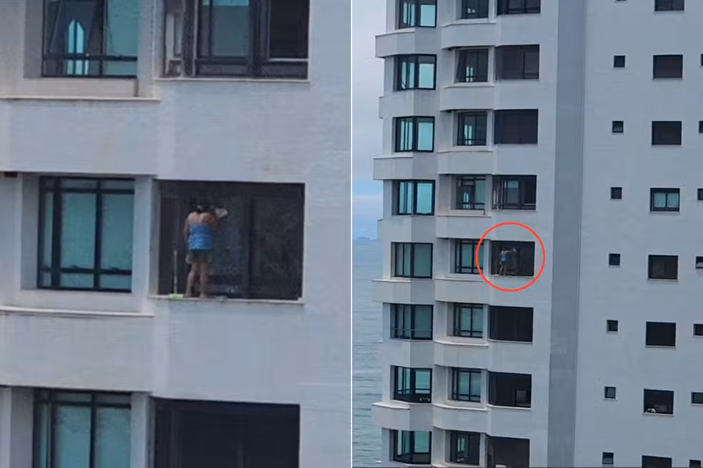 Mulher é filmada em pé em janela de prédio de luxo no litoral de SP; VÍDEO