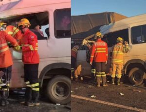 Batida entre van e carreta deixa 5 mortos e mais de 10 feridos; VEJA VÍDEO