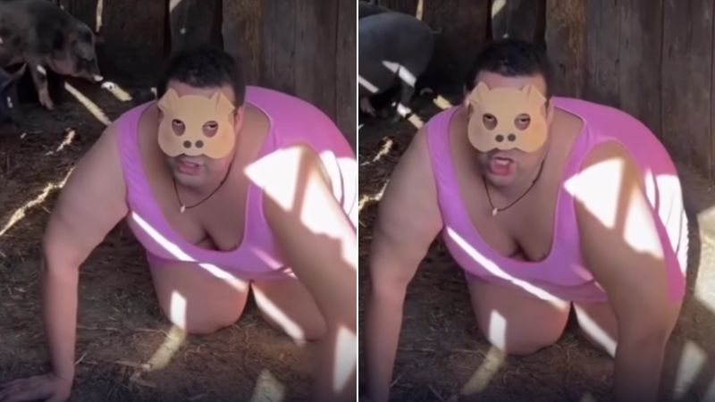 Jovem vira assunto nas redes ao aparecer na lama imitando porcos; veja vídeo