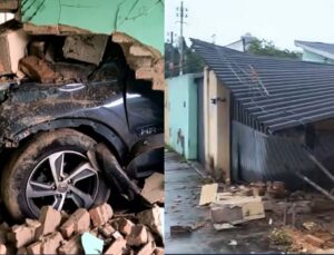 Carro em zigue-zague destrói muro e invade casa em Goiânia; VEJA VÍDEO
