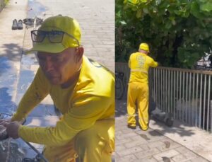 Gari retira meio de transparente coberto de lama encontrado em rio; VEJA VÍDEO