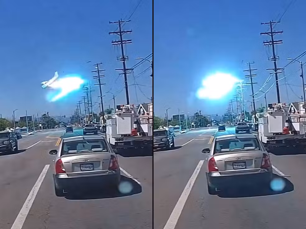 Avião de pequeno porte atinge poste de energia em Los Angeles; VEJA VÍDEO!