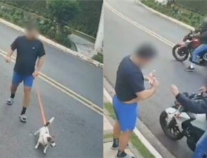 Cachorro de homem assaltado foge durante roubo de aliança; VEJA VÍDEO