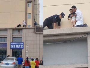 Menino de 3 anos é resgatado após ficar preso em parapeito e agarrado a fio; VEJA VÍDEO