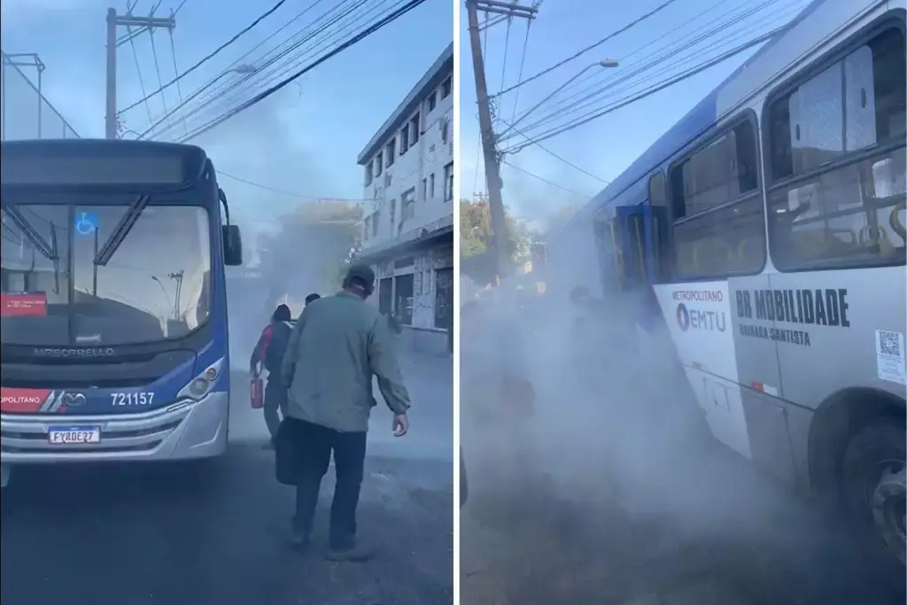 Incêndio atinge ônibus intermunicipal com passageiros em São Vicente; VÍDEO