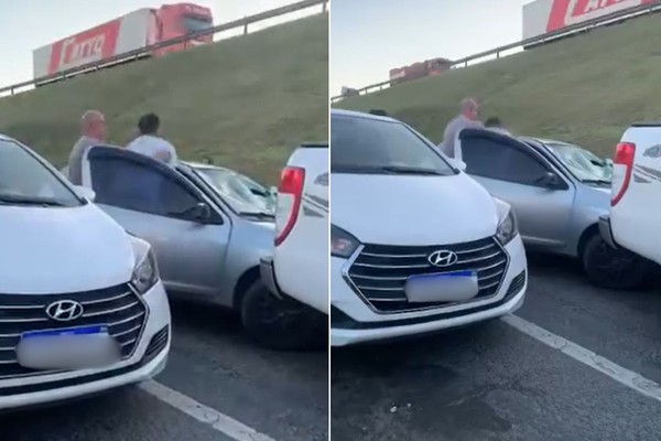 Homem flagra ex-namorada com atual, sobe no carro do casal e destrói o veículo; VEJA VÍDEO