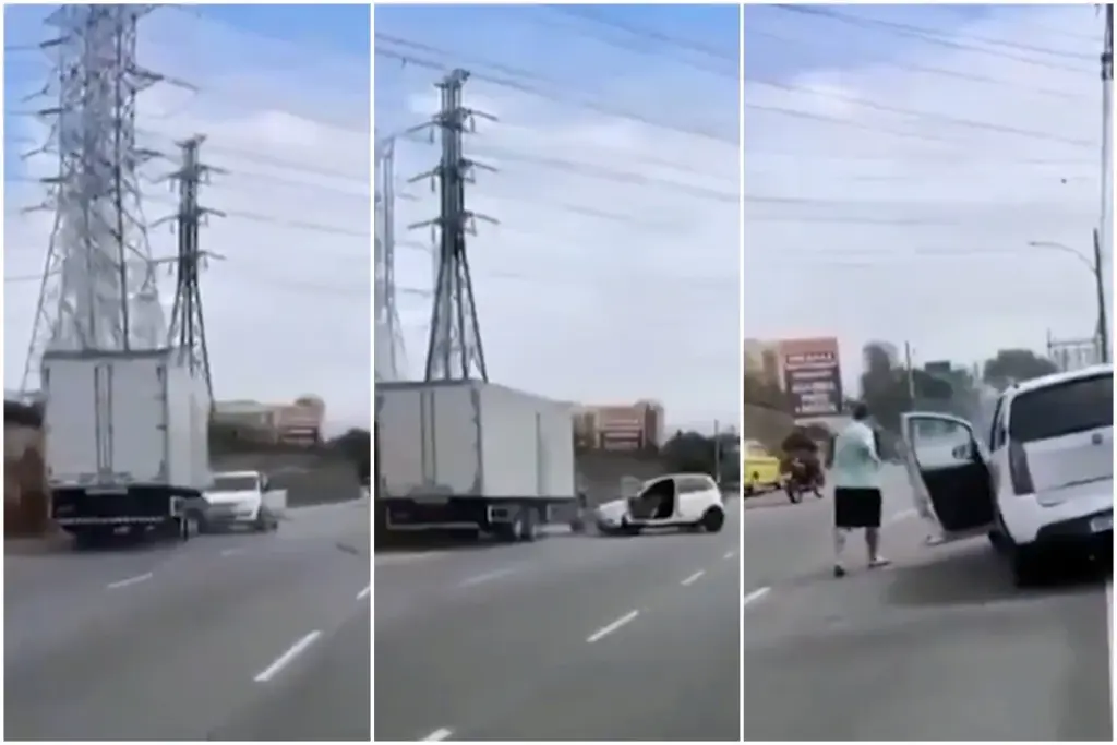 VÍDEO: Caminhão arrasta carro após briga de trânsito em viaduto no Rio