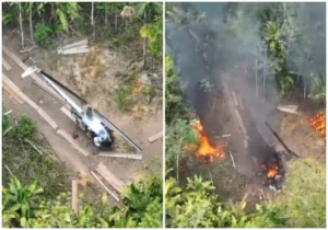 Helicóptero usado em garimpo ilegal é destruído em área de mata em Roraima; VEJA VÍDEO!