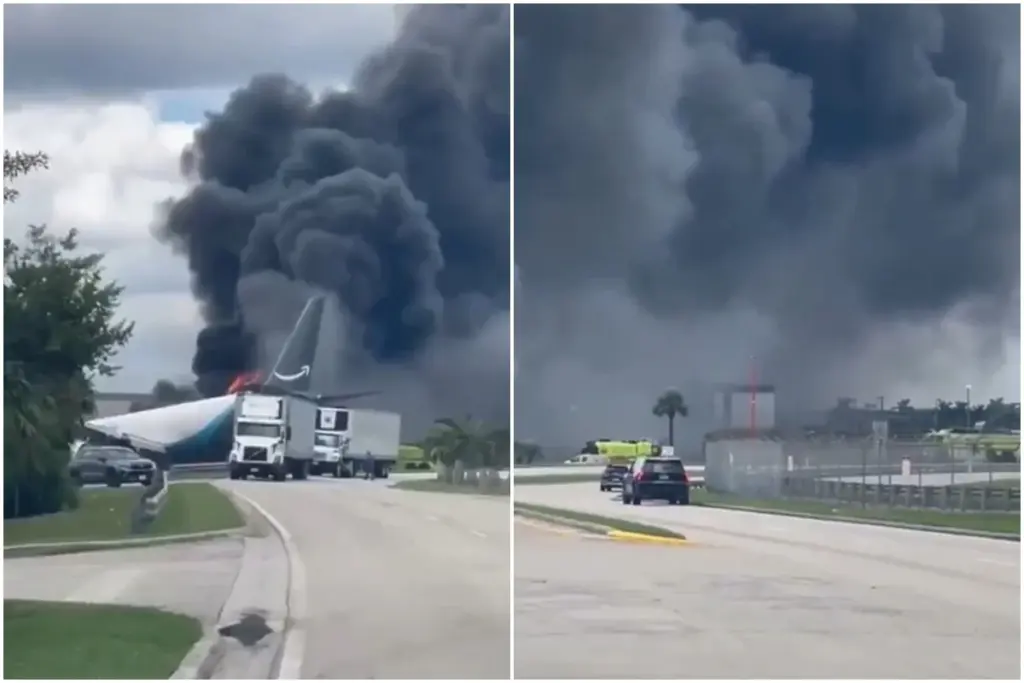 VÍDEO: Avião cargueiro da Amazon sai da pista e cai perto do aeroporto de Miami