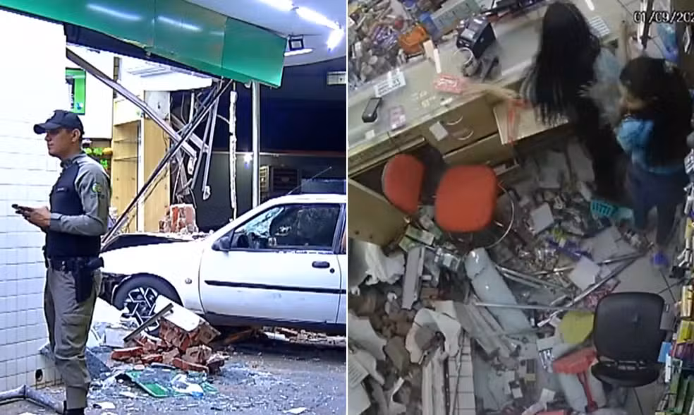 Carro invade farmácia e arremessa funcionários; assista vídeo impressionante
