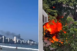 Carro em chamas forma coluna de fumaça vista até na praia no litoral de SP; VÍDEO