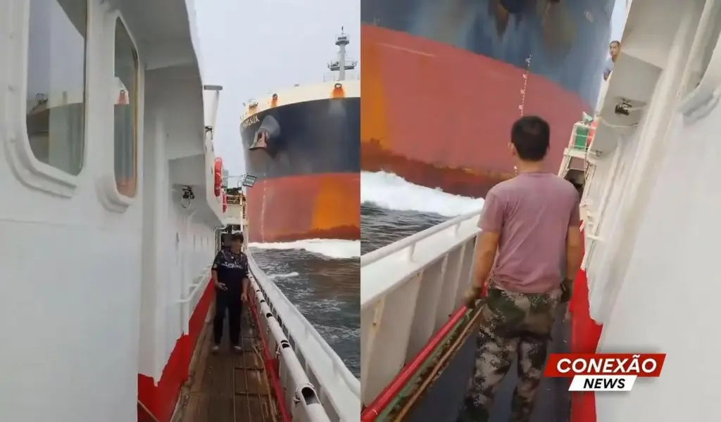 Vídeo mostra momento dramático em que navio se choca com barco pesqueiro; assista!