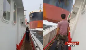 Vídeo mostra momento dramático em que navio se choca com barco pesqueiro; assista!