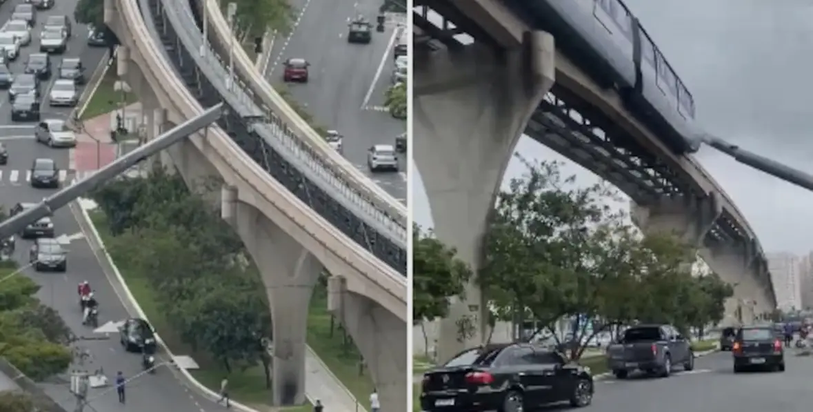 Guindaste cai em monotrilho e atinge trem em SP; Veja Vídeo!