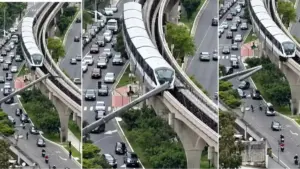 Guindaste cai sobre monotrilho em SP, é atingido por trem e deixa operador ferido; VEJA VÍDEO!