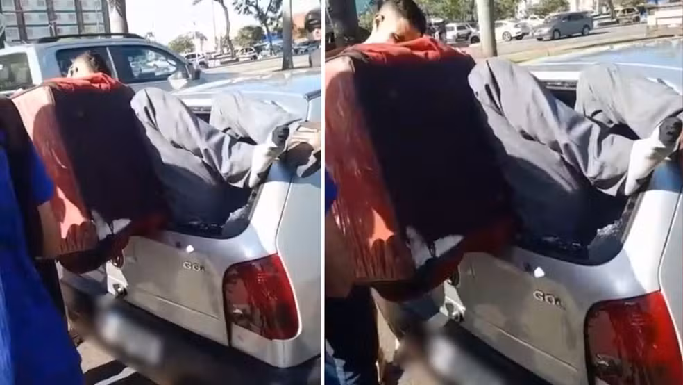 Motoboy fica preso em porta-malas após bater na traseira de carro; VEJA VÍDEO!