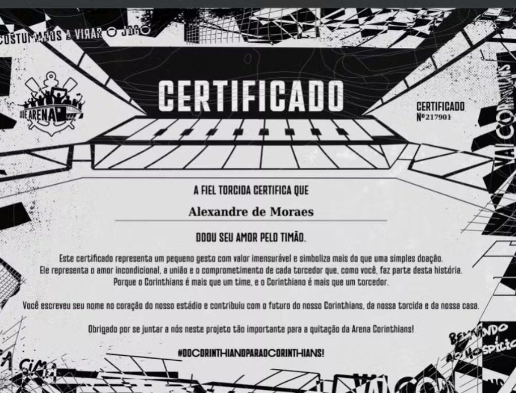 Certificado Alexandre De Moraes (foto Reprodução Redes Sociais)