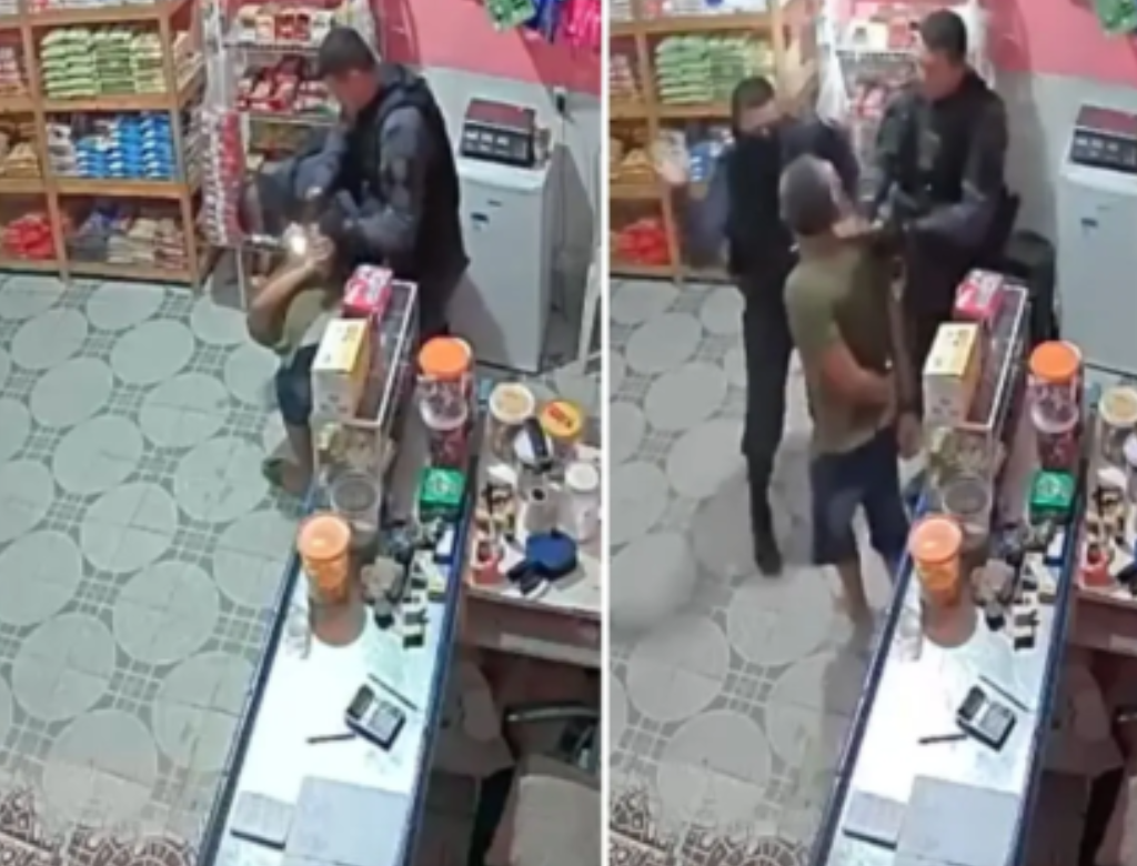 Policiais são flagrados agredindo homem algemado (Foto Reprodução Redes Sociais)