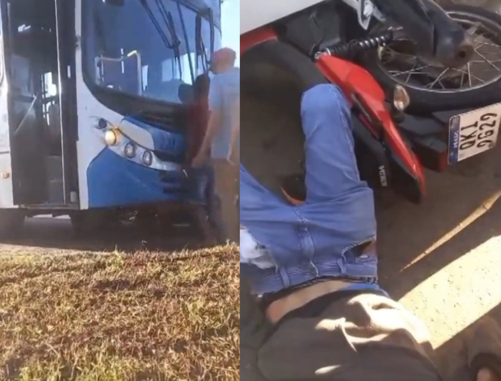 População levanta ônibus para tirar motociclista que ficou preso (Foto Reprodução Redes Sociais)