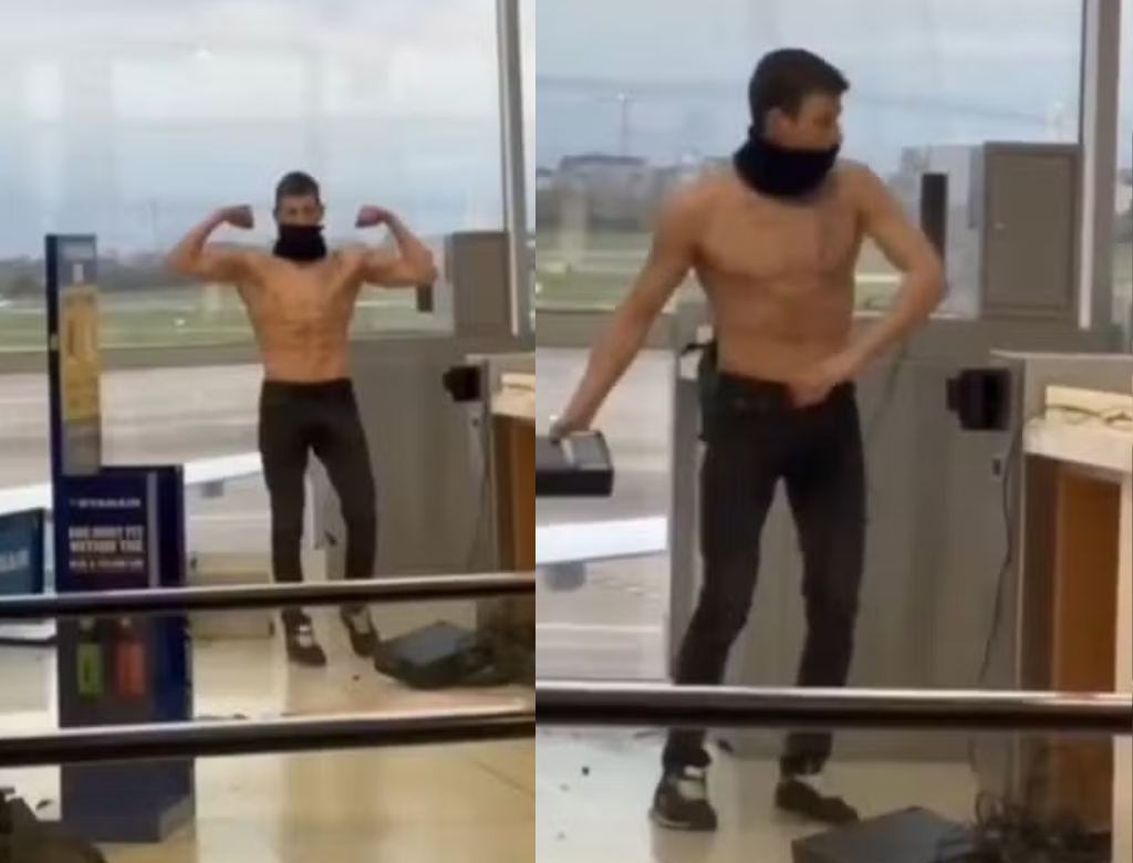 Passageiro sem camisa destrói aeroporto após perder voo (Foto Reprodução Redes Sociais)