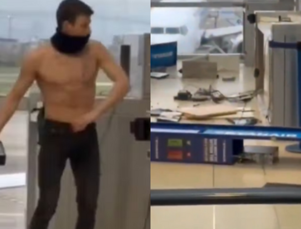 Passageiro Sem Camisa Destrói Aeroporto Após Perder Voo (foto Reprodução Redes Sociais)